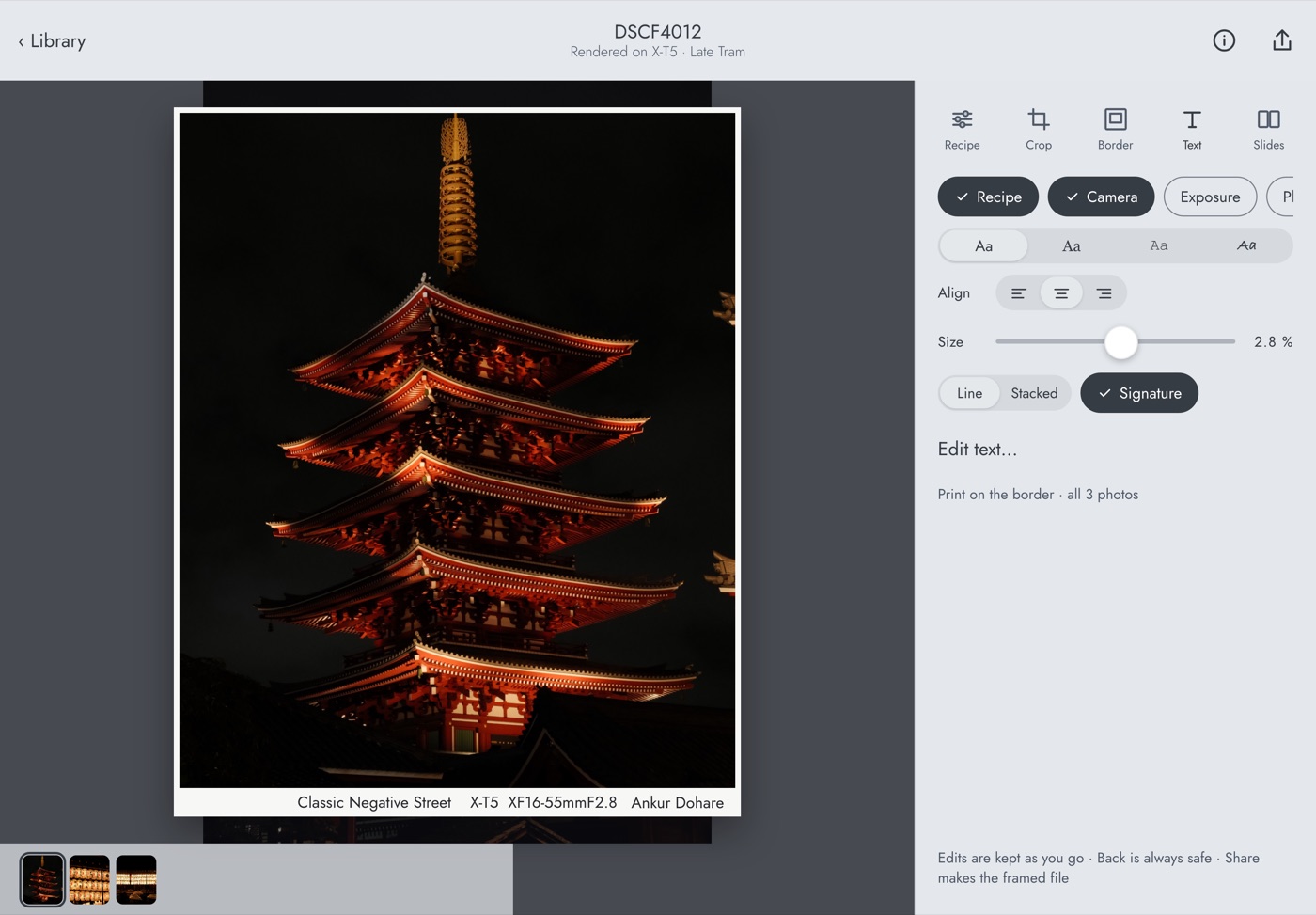 fujiposts on iPad: a framed pagoda photo on the left, the Text tool with caption options on the right