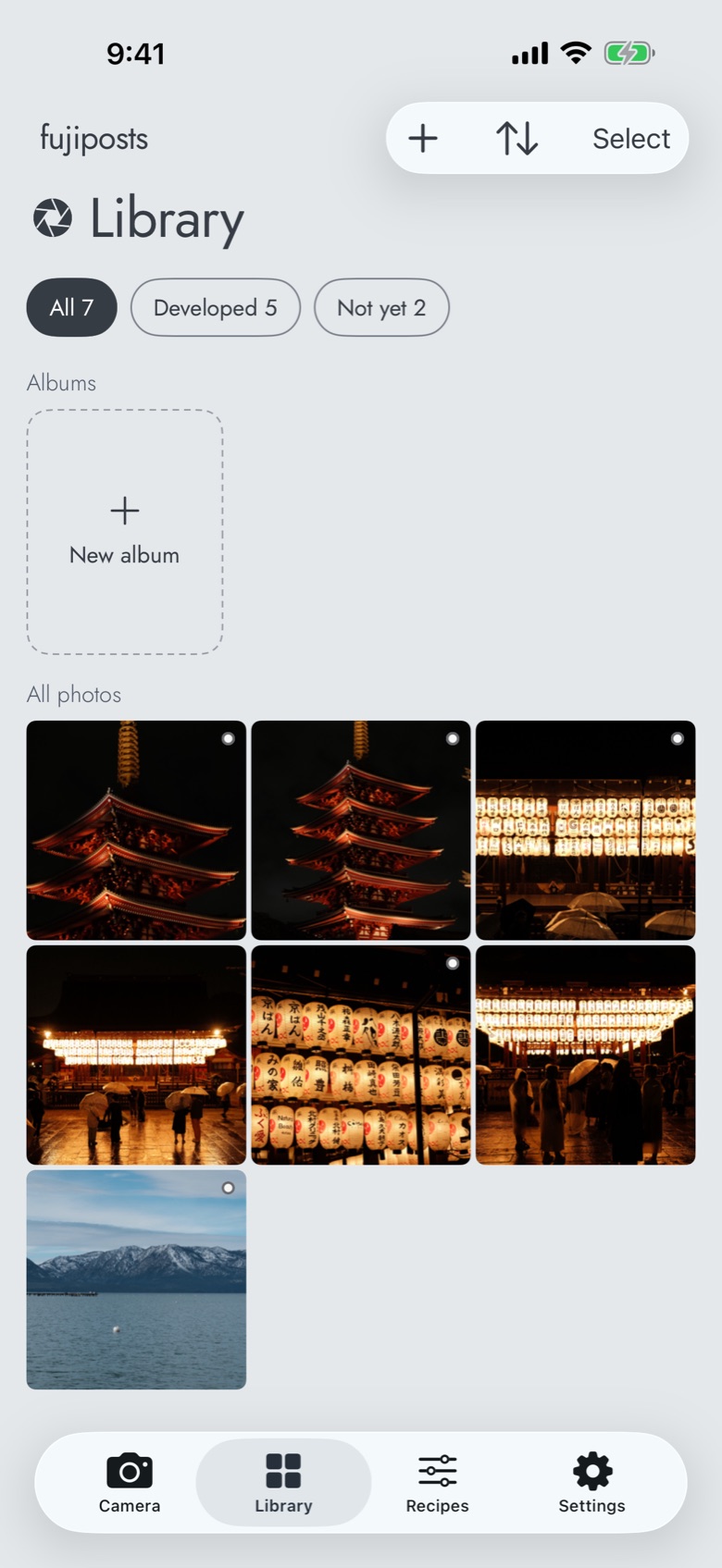 The Library: chips All, Developed and Not yet, albums, and a grid of photos