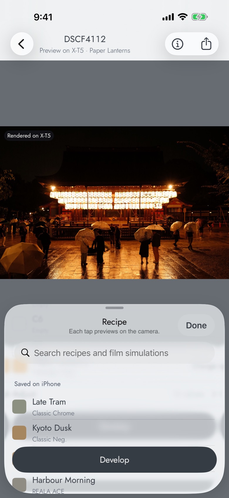 fujiposts on iPhone previewing a film simulation recipe on a RAW from a Fujifilm X-T5