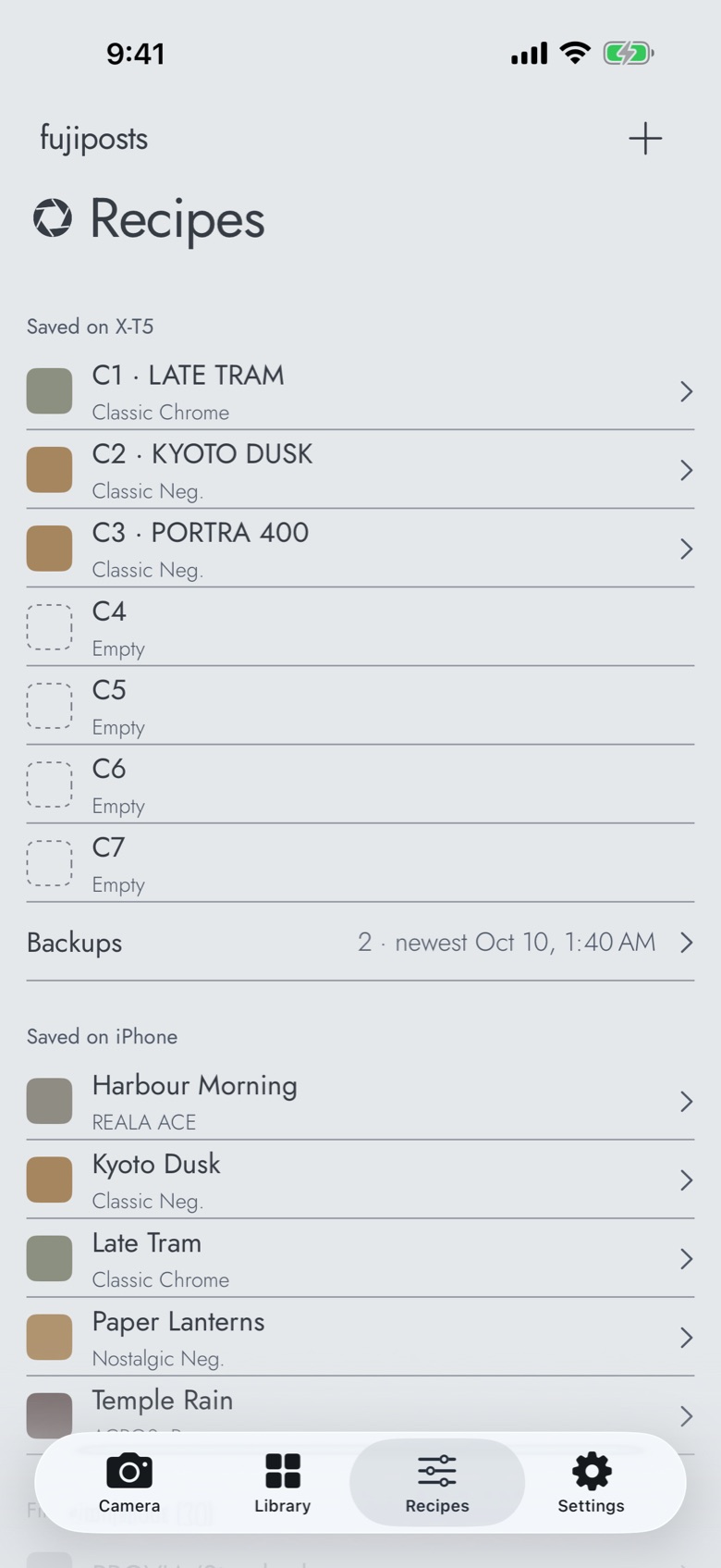 The Recipes screen: slots C1 to C7 saved on the X-T5, Backups, and recipes saved on iPhone