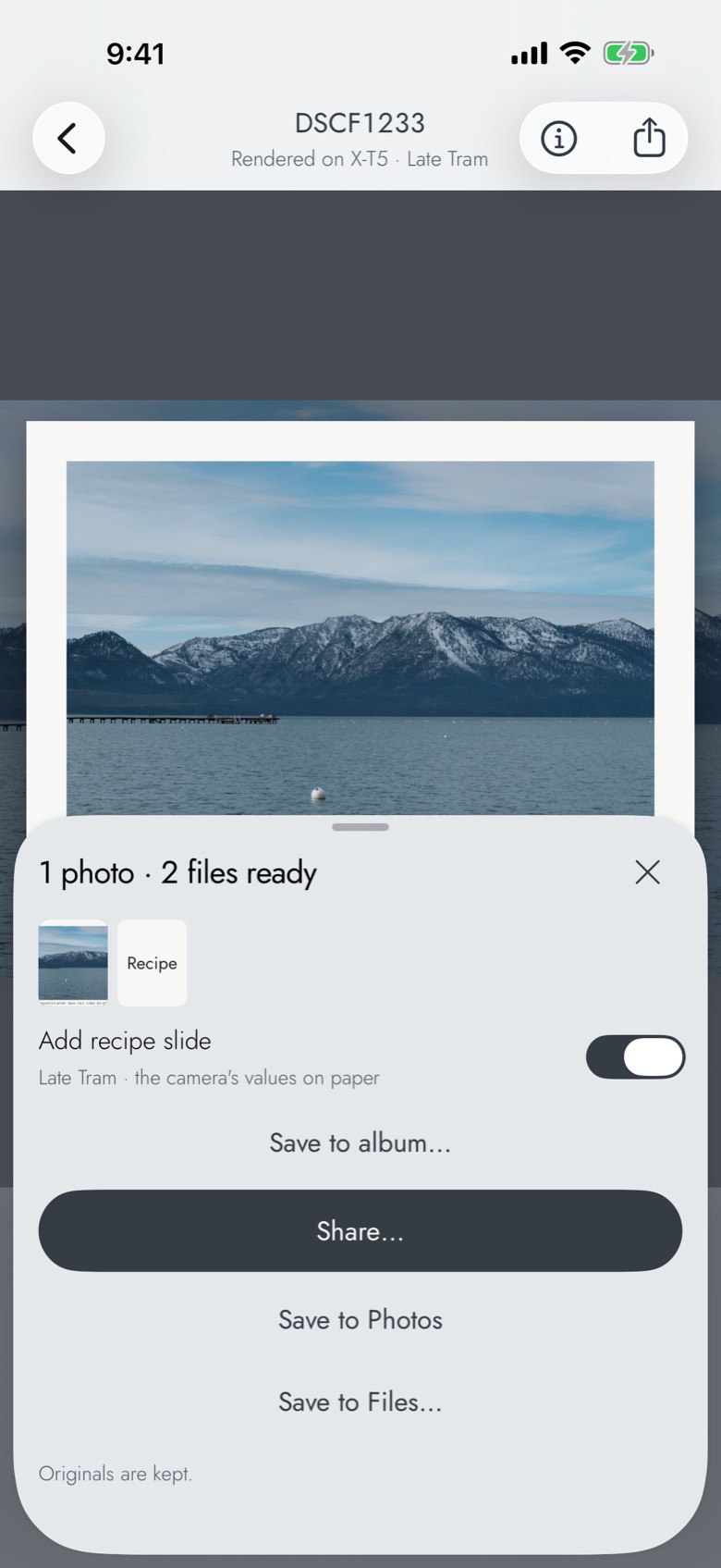 The Share sheet: 1 photo · 2 files ready, Add recipe slide on, and the buttons Share, Save to Photos and Save to Files